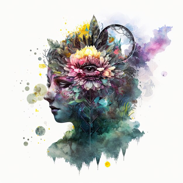 Abstract cyberpunk double exposure watercolor flower Digital illustration AI