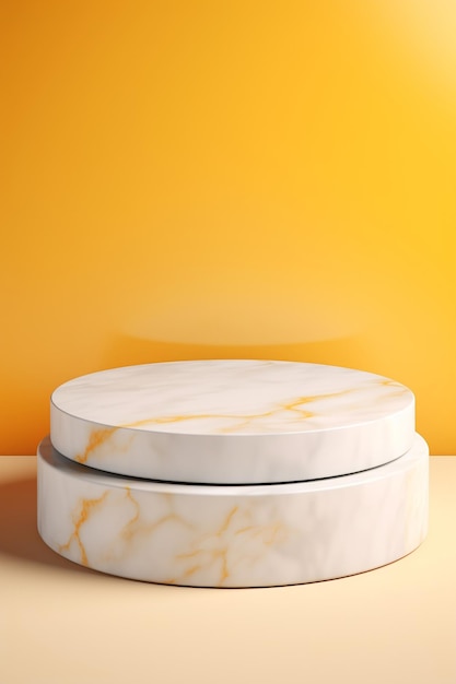 Abstract cylinder pedestal podium display yellow and white and white marble with gold details mockup