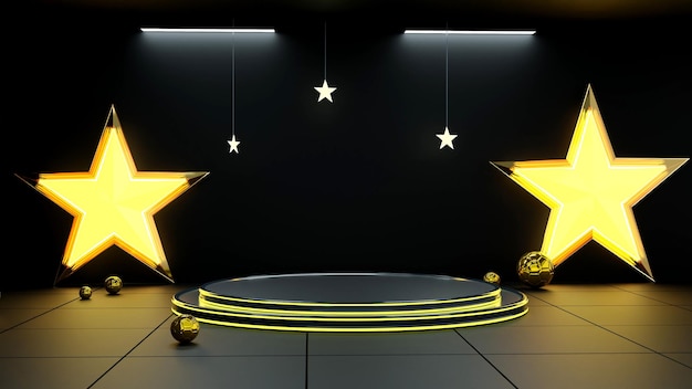 Абстрактная цилиндрическая сцена на подиуме, украшенная звездами и шарами, 3d-рендеринг