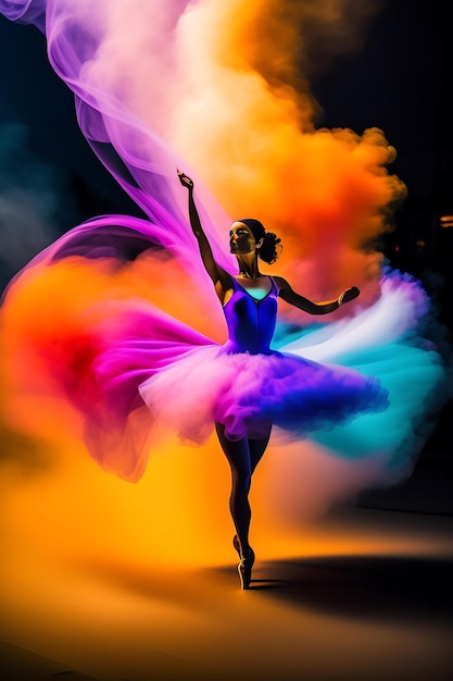 Фото Абстрактные танцовщицы, балет в дыме и свете, красочные женщины, изящно гарцующие в движении.