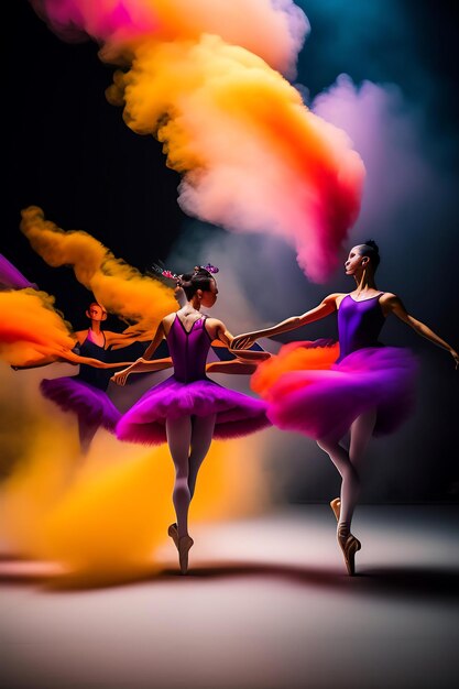 Abstract dancers ballet in smoke and light colorful women prancing in motion gracefully