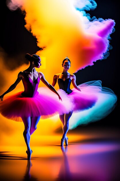 Abstract dancers Ballet in smoke and light Colorful women prancing in motion gracefully