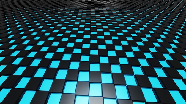 Abstract dark black metallic rectangle with blue light, 3D rendering.