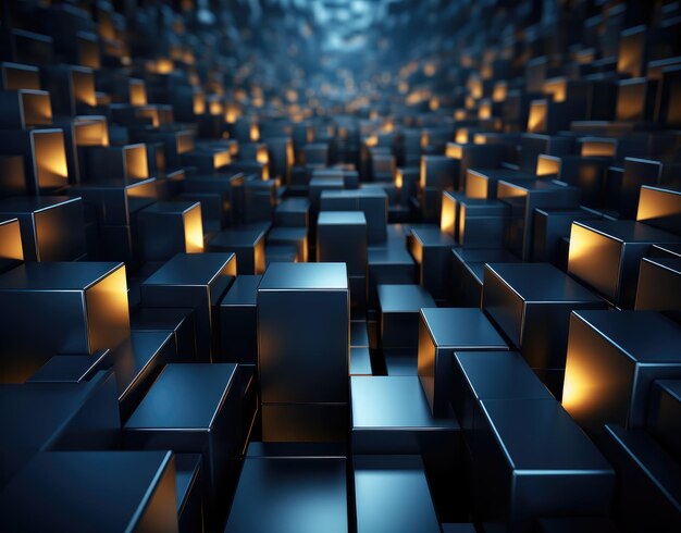 Photo abstract dark blue background with glowing golden cubes 3d render illustration