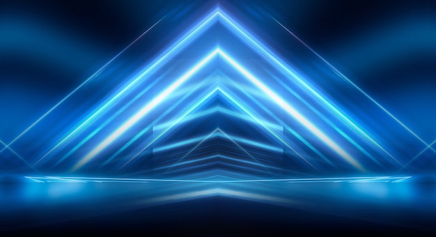 Abstract dark futuristic background Blue neon light rays reflect off the water