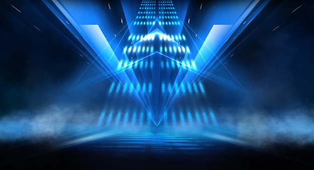 Abstract dark futuristic background Blue neon light rays reflect off the water