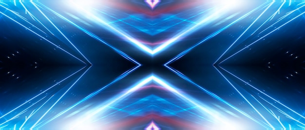 Photo abstract dark futuristic background blue neon light rays reflect off the water