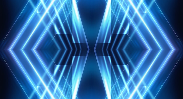 Абстрактный темный футуристический фон Синие неоновые световые лучи отражаются от воды