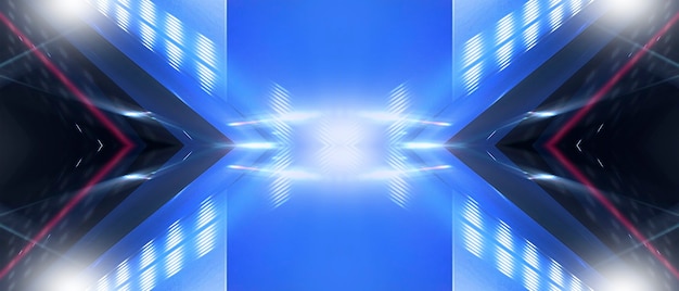 Abstract dark futuristic background Blue neon light rays reflect off the water