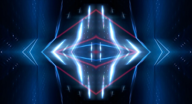 Abstract dark futuristic background Blue neon light rays reflect off the water