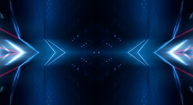 Abstract dark futuristic background Blue neon light rays reflect off the water