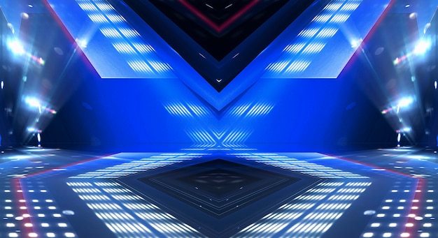 Abstract dark futuristic background Blue neon light rays reflect off the water