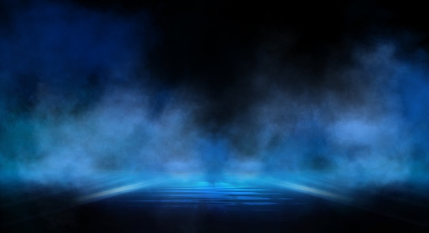 Abstract dark futuristic background Blue neon light rays reflect off the water