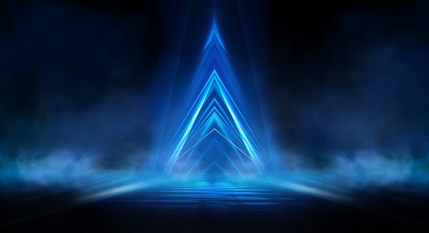 Abstract dark futuristic background Blue neon light rays reflect off the water