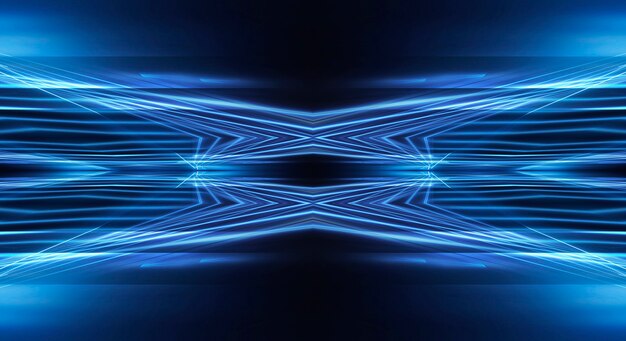 Abstract dark futuristic background Blue neon light rays reflect off the water