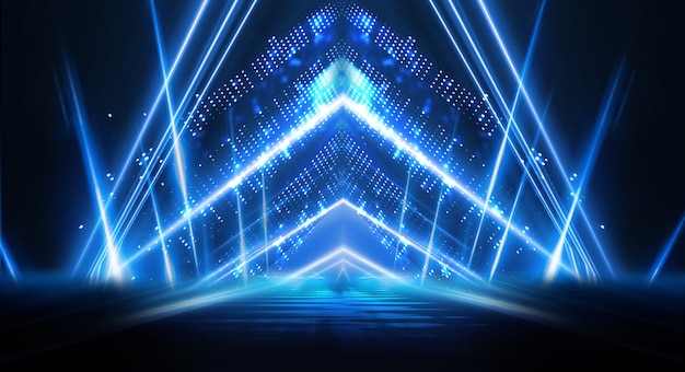 Abstract dark futuristic background Blue neon light rays reflect off the water