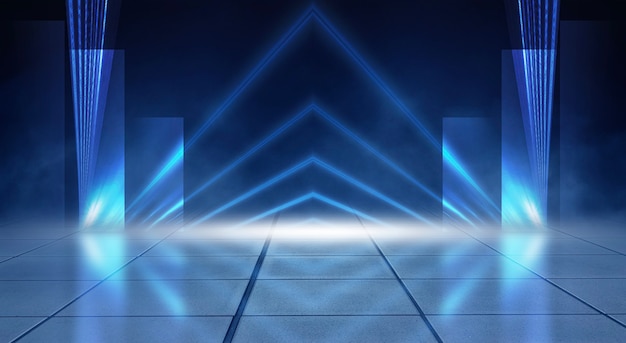 Абстрактный темный футуристический фон Синие неоновые световые лучи отражаются от воды