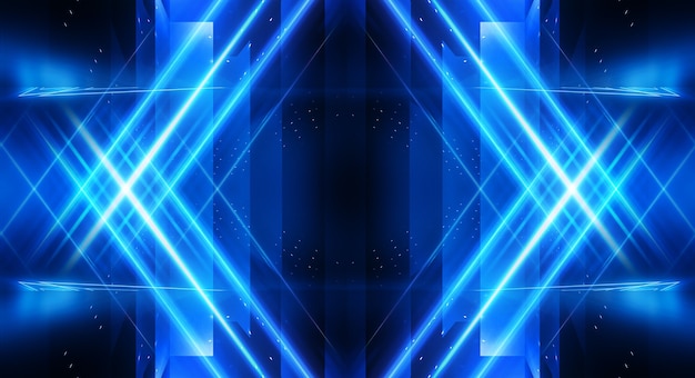 Abstract dark futuristic background Blue neon light rays reflect off the water