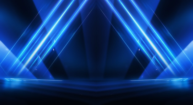 Abstract dark futuristic background Blue neon light rays reflect off the water