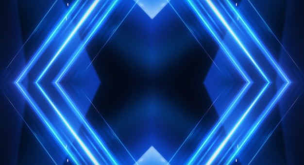 Abstract dark futuristic background Blue neon light rays reflect off the water