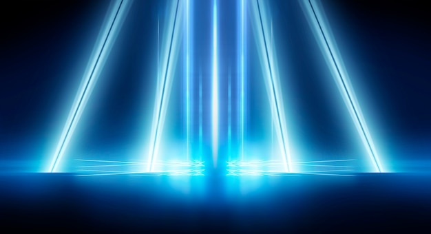 Abstract dark futuristic background Blue neon light rays reflect off the water