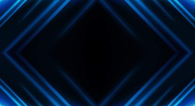 Abstract dark futuristic background Blue neon light rays reflect off the water