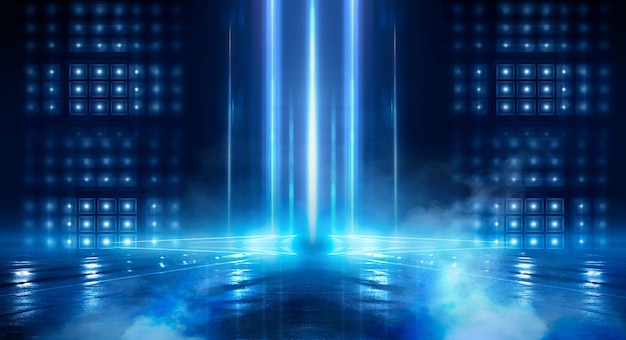 abstract dark futuristic background blue neon light rays reflect off the water