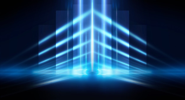 Abstract dark futuristic background Blue neon light rays reflect off the water