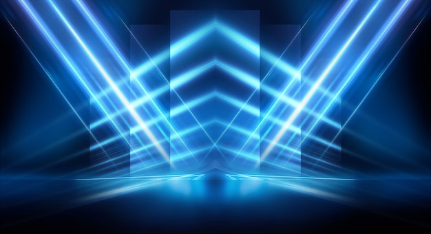 Abstract dark futuristic background Blue neon light rays reflect off the water