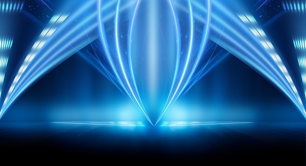 Abstract dark futuristic background Blue neon light rays reflect off the water