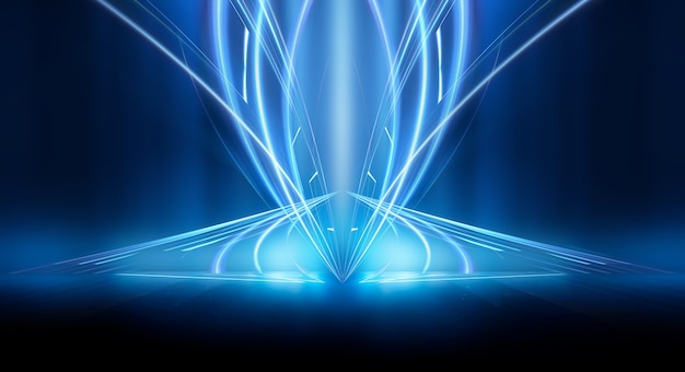 Abstract dark futuristic background Blue neon light rays reflect off the water