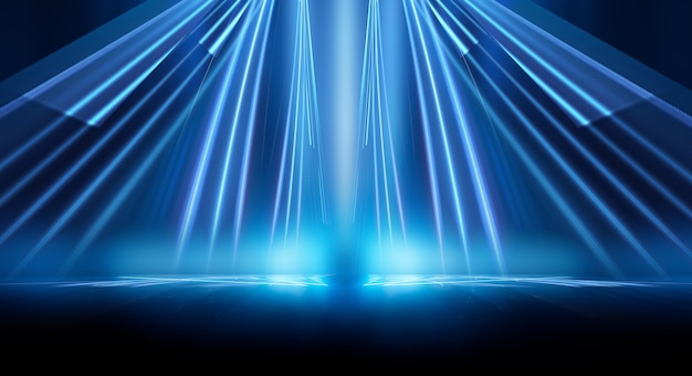 Abstract dark futuristic background Blue neon light rays reflect off the water