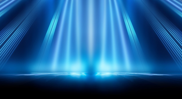 Abstract dark futuristic background Blue neon light rays reflect off the water