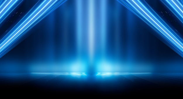 Abstract dark futuristic background Blue neon light rays reflect off the water