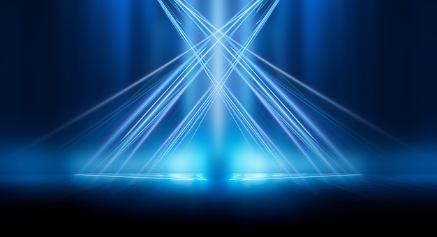 Abstract dark futuristic background Blue neon light rays reflect off the water