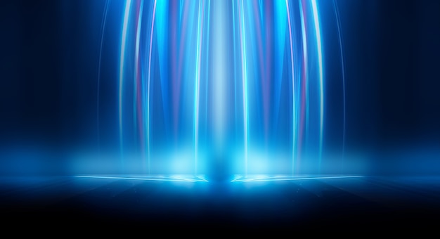 Abstract dark futuristic background Blue neon light rays reflect off the water