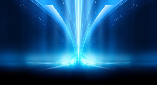 Abstract dark futuristic background Blue neon light rays reflect off the water