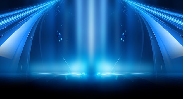 Abstract dark futuristic background Blue neon light rays reflect off the water