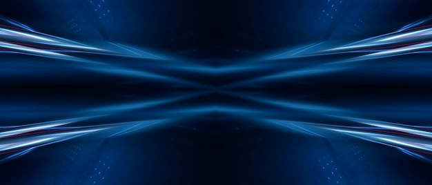 Abstract dark futuristic background Blue neon light rays reflect off the water