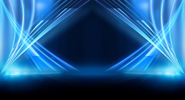 Abstract dark futuristic background blue neon light rays reflect off the water