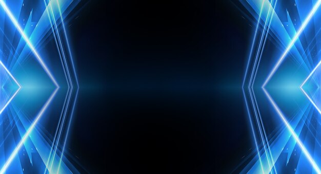abstract dark futuristic background blue neon light rays reflect off the water