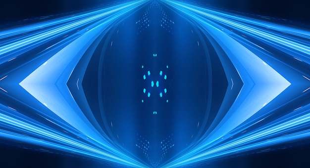 Abstract dark futuristic background Blue neon light rays reflect off the water