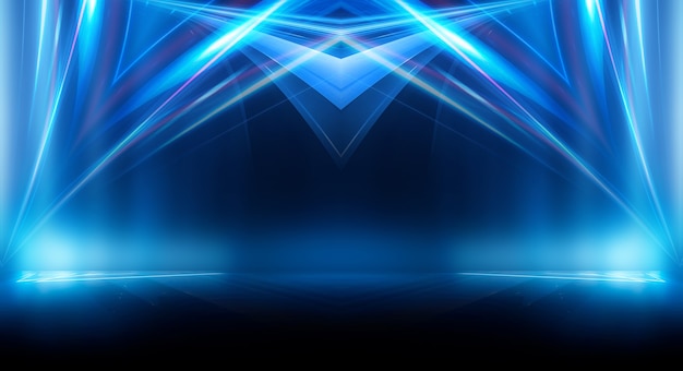 Abstract dark futuristic background Blue neon light rays reflect off the water