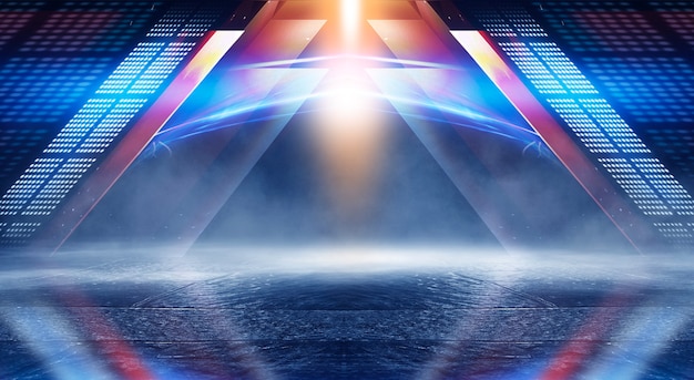 Abstract dark futuristic background Blue neon light rays reflect off the water