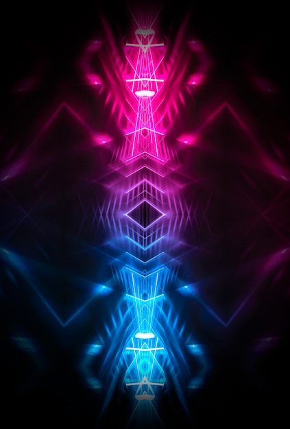 Abstract dark futuristic background Blue neon light rays reflect off the water