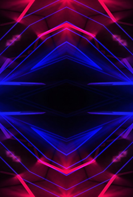 Abstract dark futuristic background Blue neon light rays reflect off the water