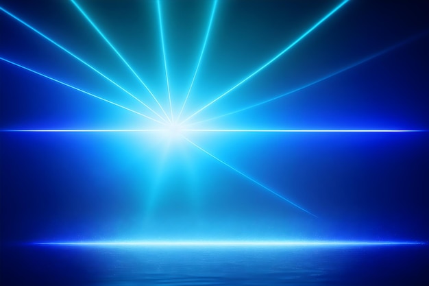 abstract dark futuristic background blue neon light rays reflect off the water