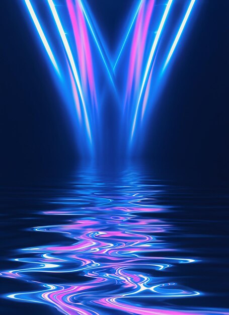 Photo abstract dark futuristic background blue neon light rays reflect off the water