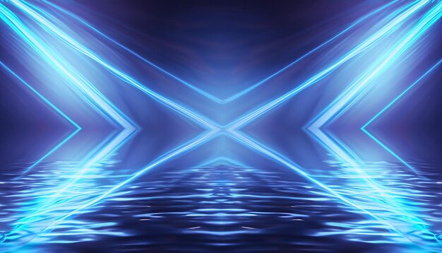 Photo abstract dark futuristic background blue neon light rays reflect off the water