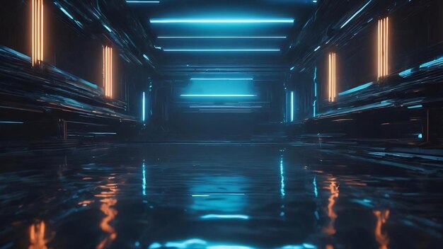 Abstract dark futuristic background blue neon light rays reflect off the water